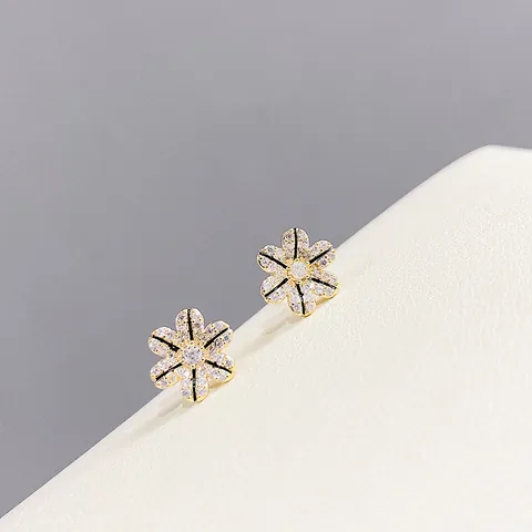 Fashion Gold Plated Copper Floral Stud Earrings And Round Zircon Stud Earrings With 925 Sterling Silver Earring Post Jewelry For Women Girls