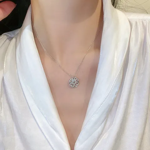Collana a Quadrifoglio e Cuore Pieghevole Magnetica per Donna in Rame con Zirconia Catena a Clavicola Gioielli Convertibili Oro Argento Oro Rosa