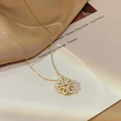 Collana a Quadrifoglio e Cuore Pieghevole Magnetica per Donna in Rame con Zirconia Catena a Clavicola Gioielli Convertibili Oro Argento Oro Rosa