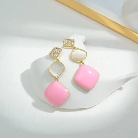 Vintage Copper Drop Earrings With 925 Sterling Silver Earring Post Zircon Faux Cat Eye Stone Pink Enamel Square Earrings