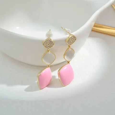 Vintage Copper Drop Earrings With 925 Sterling Silver Earring Post Zircon Faux Cat Eye Stone Pink Enamel Square Earrings