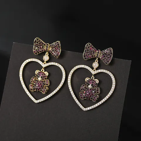 Luxury Copper Zirconia Bow Heart Bear Drop Earrings With 925 Sterling Silver Earring Post Gold Women Jewelry Gift