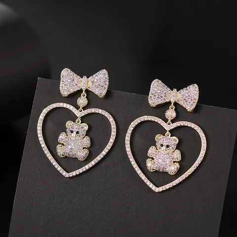 Luxury Copper Zirconia Bow Heart Bear Drop Earrings With 925 Sterling Silver Earring Post Gold Women Jewelry Gift