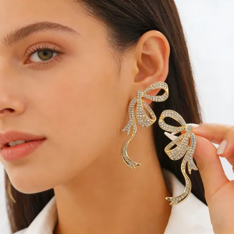 Pendientes de Lazo con Diamantes de Imitación de Lujo Aleación de Zinc Grandes Cintas para Mujer Joyería de Boda