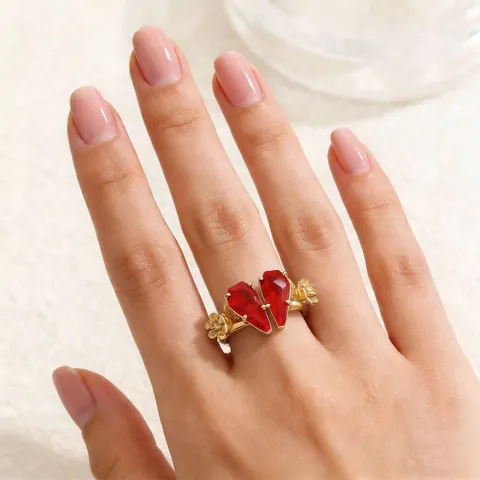 Gothic Coffin Red Stone Rose Open Ring Heart EKG Pulse Wave Adjustable Copper Ring Women Fashion Jewelry Party Gift
