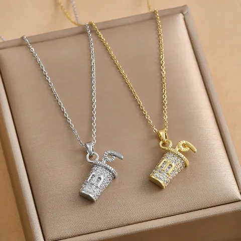 Creative Copper Drink Cup Pendant Necklace With Micro Pave Zirconia Letter M Gold Silver Plated Water Wave Chain Jewelry