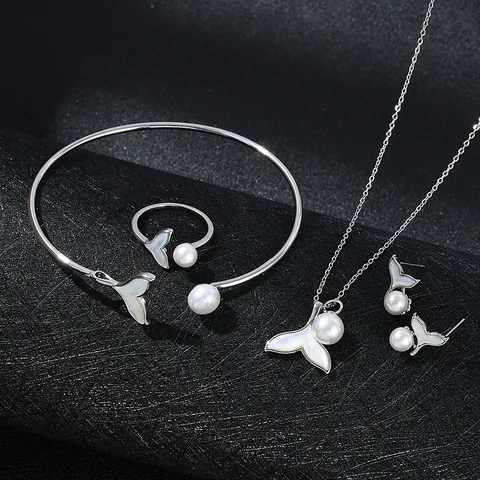 Elegante Set di Gioielli Coda di Pesce Sirena Rame Placcato Oro Argento Zirconia Perla Artificial Conchiglia Collana Orecchini Anello Bracciale