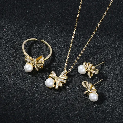 Set di Gioielli in Lega con Fiocco Perla Artificial e Zircone Placcato Oro Argento Con Perno in Argento Sterling 925 Collana Anello