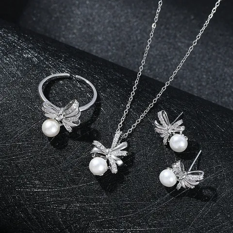 Set di Gioielli in Lega con Fiocco Perla Artificial e Zircone Placcato Oro Argento Con Perno in Argento Sterling 925 Collana Anello