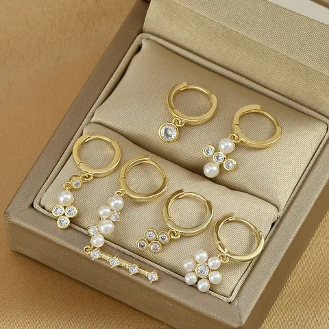 Fashion Gold Plated Copper Earring Collection With 925 Sterling Silver Earring Post Zirconia Faux Artificial Pearl Floral Tassel Dangle Earrings For Women Jewelry Gift