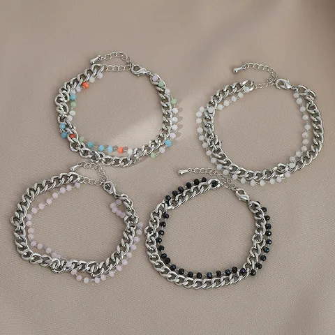 Bracciale a Catena Gourmette Doppia Perla per Donna Placcato Oro Argento Rame Zirconia Cristallo Gioielli Regolabili da Mano