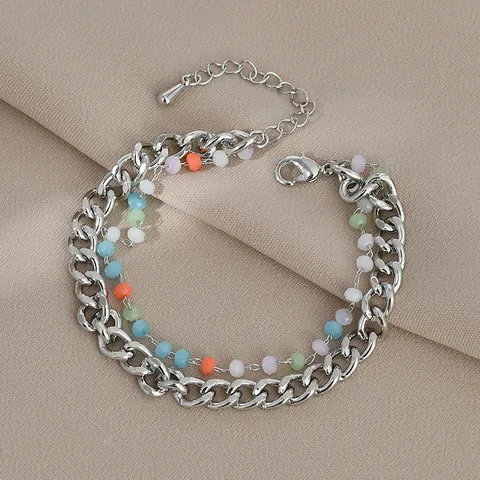 Bracciale a Catena Gourmette Doppia Perla per Donna Placcato Oro Argento Rame Zirconia Cristallo Gioielli Regolabili da Mano