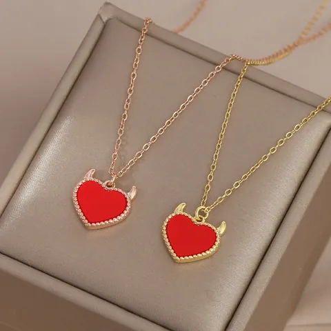 Gold Plated Copper Zirconia Red Enamel Heart Devil Horn Pendant Necklace Water Wave Chain Minimalist Fashion Jewelry For Women