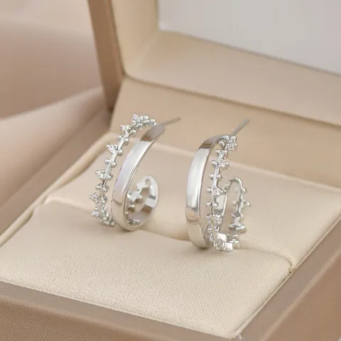 Geometric C-Shaped Copper Zirconia Stud Earrings For Women With 925 Sterling Silver Earring Post Double Layer Jewelry Gift