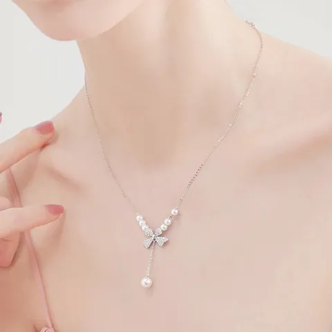 Elegante Collana Con Pendente Perla Artificial E Fiocco In Rame Placcato Oro Con Nappina In Zircone Intarsiato Per Donna Gioielli Regalo