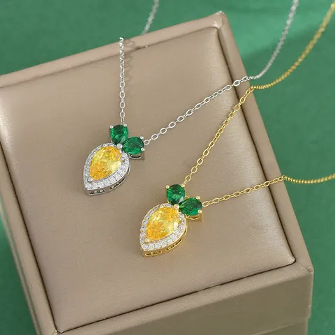 Playful Carrot Shape Copper Pendant Necklace With Yellow Cubic Zirconia Inlaid Gold Silver Plated Jewelry For Women Girls