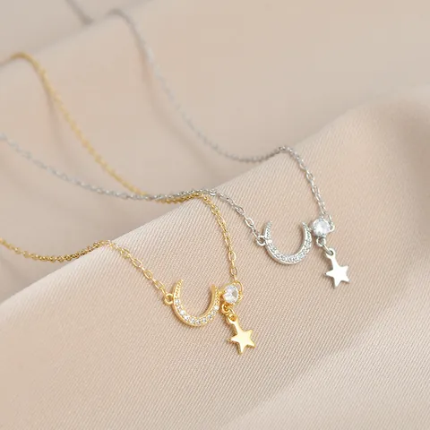 Ster Maan Zirkonia Hanger Halsketting Voor Vrouwen Koper Verguld Sleutelbeenhalsketting Elegant Minimalistisch Sieraden Cadeau