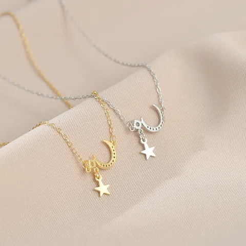 Ster Maan Zirkonia Hanger Halsketting Voor Vrouwen Koper Verguld Sleutelbeenhalsketting Elegant Minimalistisch Sieraden Cadeau