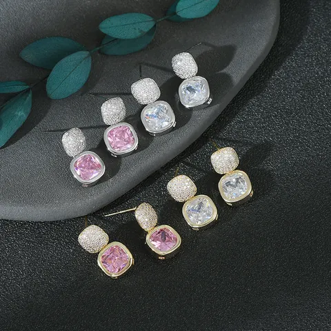 Orecchini a Goccia in Zirconia Quadrati Vintage Francese Con Perno in Argento Sterling 925 Placcati Oro Argento Gioielli Donna Eleganti
