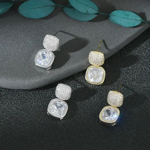Orecchini a Goccia in Zirconia Quadrati Vintage Francese Con Perno in Argento Sterling 925 Placcati Oro Argento Gioielli Donna Eleganti