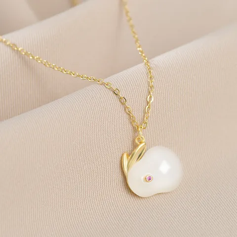 Gold Plated Copper Rabbit Pendant Necklace With Zirconia Eye Ceramic-Look PVC Animal Clavicle Chain For Women Jewelry