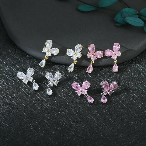 Orecchini a Goccia in Zirconia a Farfalla Con Perno in Argento Sterling 925 Oro Argento Rosa Orecchini Pendenti a Goccia d'Acqua da Donna