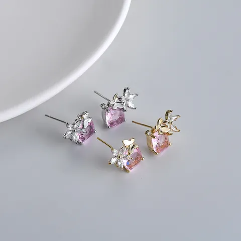 Eleganti Orecchini a Bottone Farfalla Fiore Con Perno in Argento Sterling 925 Rame Zirconia Orecchini Quadrati Donna