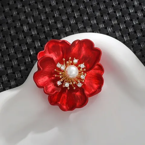 Elegant Red Peony Flower Brooch For Women Gold Plated Copper Artificial Pearl Zirconia Floral Pin For Suit Coat Banquet Jewelry Gift