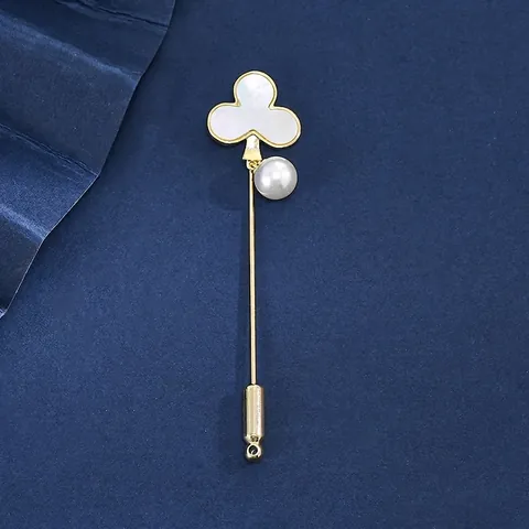 Elegante Alfiler De Corbata Trébol Para Mujer Cobre Chapado En Oro Con Nácar Natural Y Perla Artificial Para Traje Y Vestido