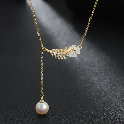Zircon Micro-Pave Feather Artificial Pearl Y-Shape Pendant Necklace Gold Plated Copper Tassel Clavicle Chain Jewelry For Women