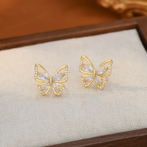 Elegantes Pendientes de Botón de Mariposa de Cobre Con Circonia Y Poste de Plata de Ley 925 Joyería de Moda Para Mujer