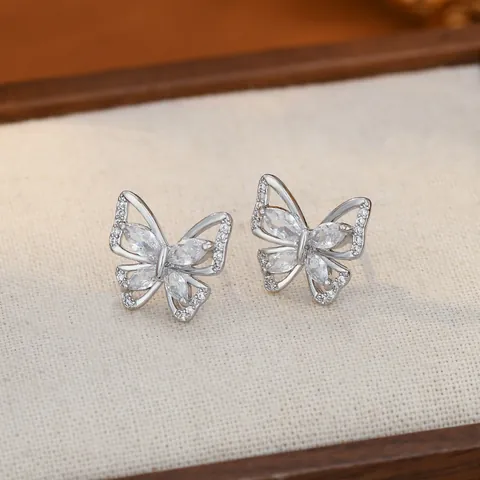 Elegantes Pendientes de Botón de Mariposa de Cobre Con Circonia Y Poste de Plata de Ley 925 Joyería de Moda Para Mujer