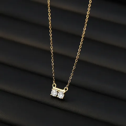 Minimalist Real Gold Plated Copper Zirconia Pendant Necklace For Women Double Round Stone Clavicle Chain Jewelry Gift