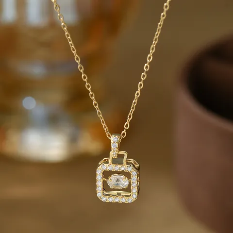 Dancing Stone Square Zirconia Pendant Necklace Copper Real Gold Plated Geometric Clavicle Chain Jewelry For Women Gift
