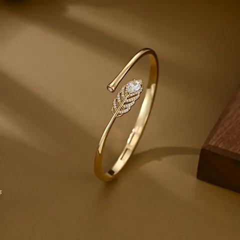 Luxury Feather Open Bangle For Women Real Gold Plated Micro Pave Zircon Water Drop Pear Shaped Stone Adjustable Copper Jewelry Gift