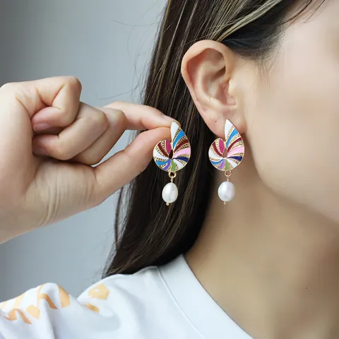 Vintage Emaille Tropföl Legierung Ohrringe Für Damen Bunte Muschel Herz Blume Ohrhänger Mit Künstliche Perlen Strass Schmuck