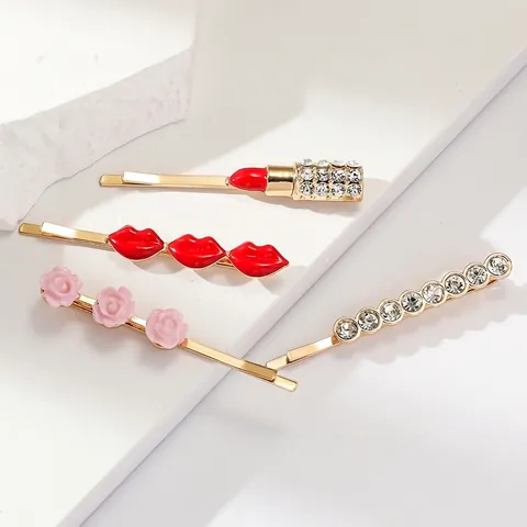 Gold Plated Alloy Hair Clips For Women With Rhinestone Lipstick Red Lips Pink Rose Flower And Geometric Bobby Pins Jewelry