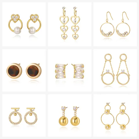 Fashion Copper Zirconia Stud Earrings With Silver Earring Post Heart Geometric Gold Plated Earrings For Women Jewelry Accessory