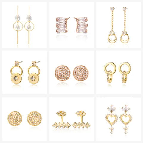 Fashion Copper Zirconia Stud Earrings With Silver Earring Post Heart Geometric Gold Plated Earrings For Women Jewelry Accessory