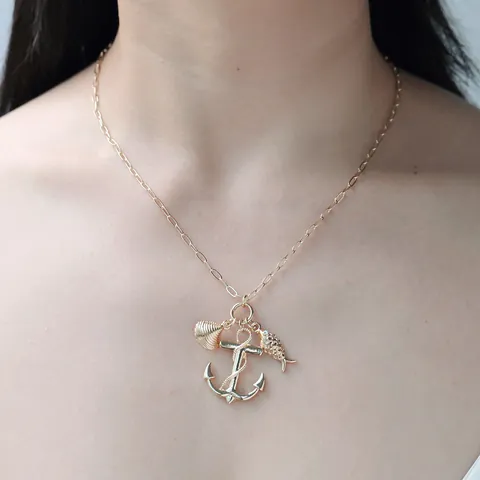 Gold Plated Alloy Summer Ocean Necklace For Women Flamingo Monstera Leaf Anchor Shell Fish Pendants Jewelry For Beach Vacation