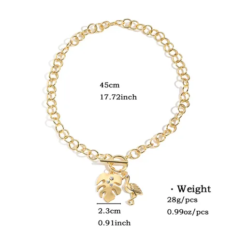 Gold Plated Alloy Summer Ocean Necklace For Women Flamingo Monstera Leaf Anchor Shell Fish Pendants Jewelry For Beach Vacation