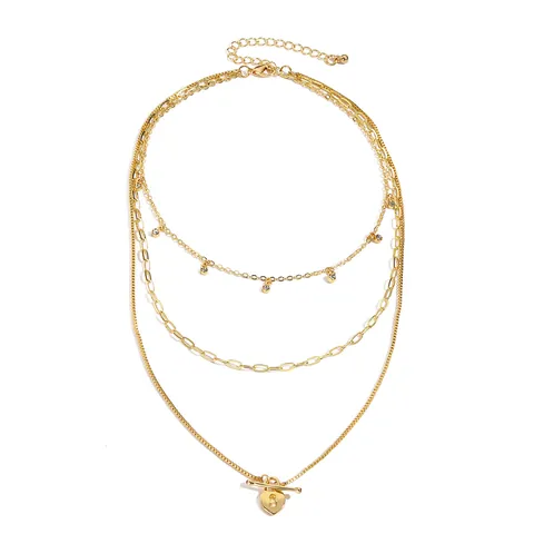 Collier Pendentif en Alliage de Zinc Couleur Or Multi-couches Bohème avec Strass pour Femme Bijoux Tendance Multicouche Cœur Lune Constellation