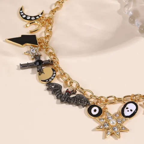 Braccialetto Donna Halloween Multi Pendente Oro Lega di Zinco Smalto Pipistrello Fantasma Teschio Croce Malocchio Punk Gotico Gioielli
