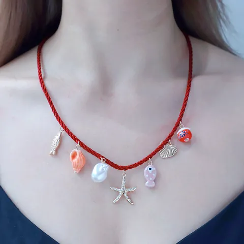 Ocean Theme Layered Necklace Faux Artificial Pearl Shell Starfish Pendant Resin Animal Charms Rope Chain Resort Style Jewelry For Women