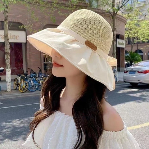 Elegante Dames Polyester Zonnehoed Opvouwbare Vissershoed Met Brede Rand En Decoratieve Strik Voor Zomer Strand Vakantie