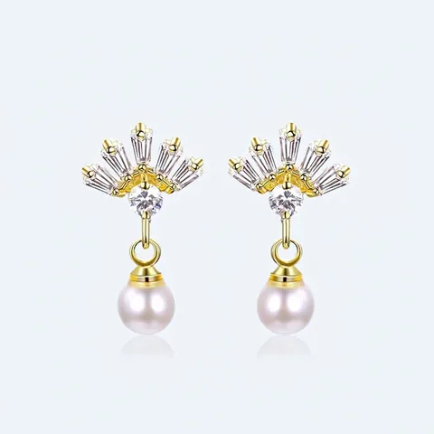 Crown Artificial Pearl Dangle Earrings With 925 Sterling Silver Earring Post Gold Plated Zircon Inlaid Elegant Jewelry For Women