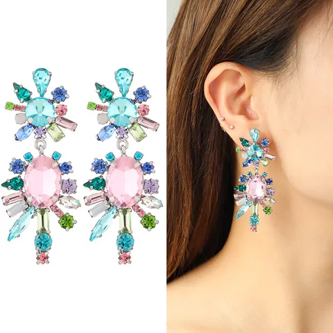 Colorful Rhinestone Tassel Dangle Earrings Copper Zircon Geometric Drop Earrings For Women Bohemian Wedding Party Jewelry