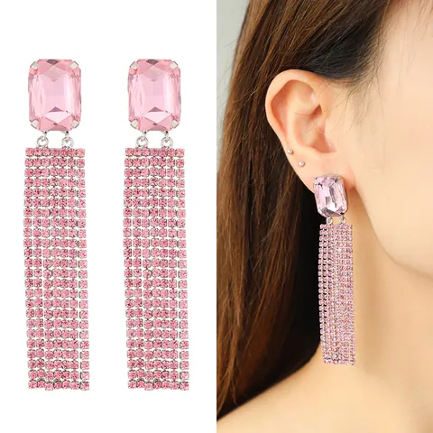 Colorful Rhinestone Tassel Dangle Earrings Copper Zircon Geometric Drop Earrings For Women Bohemian Wedding Party Jewelry
