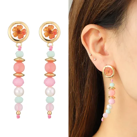 Bohemian Handmade Resin Dried Flower Drop Earrings Gold Alloy Frame Floral Beaded Long Dangle Earrings For Women Natural Jewelry