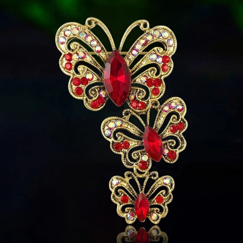 Broche Papillon en Alliage Vintage avec Strass pour Femmes Elégante Broche Insecte à Trois Niveaux pour Manteau Pull Bijoux